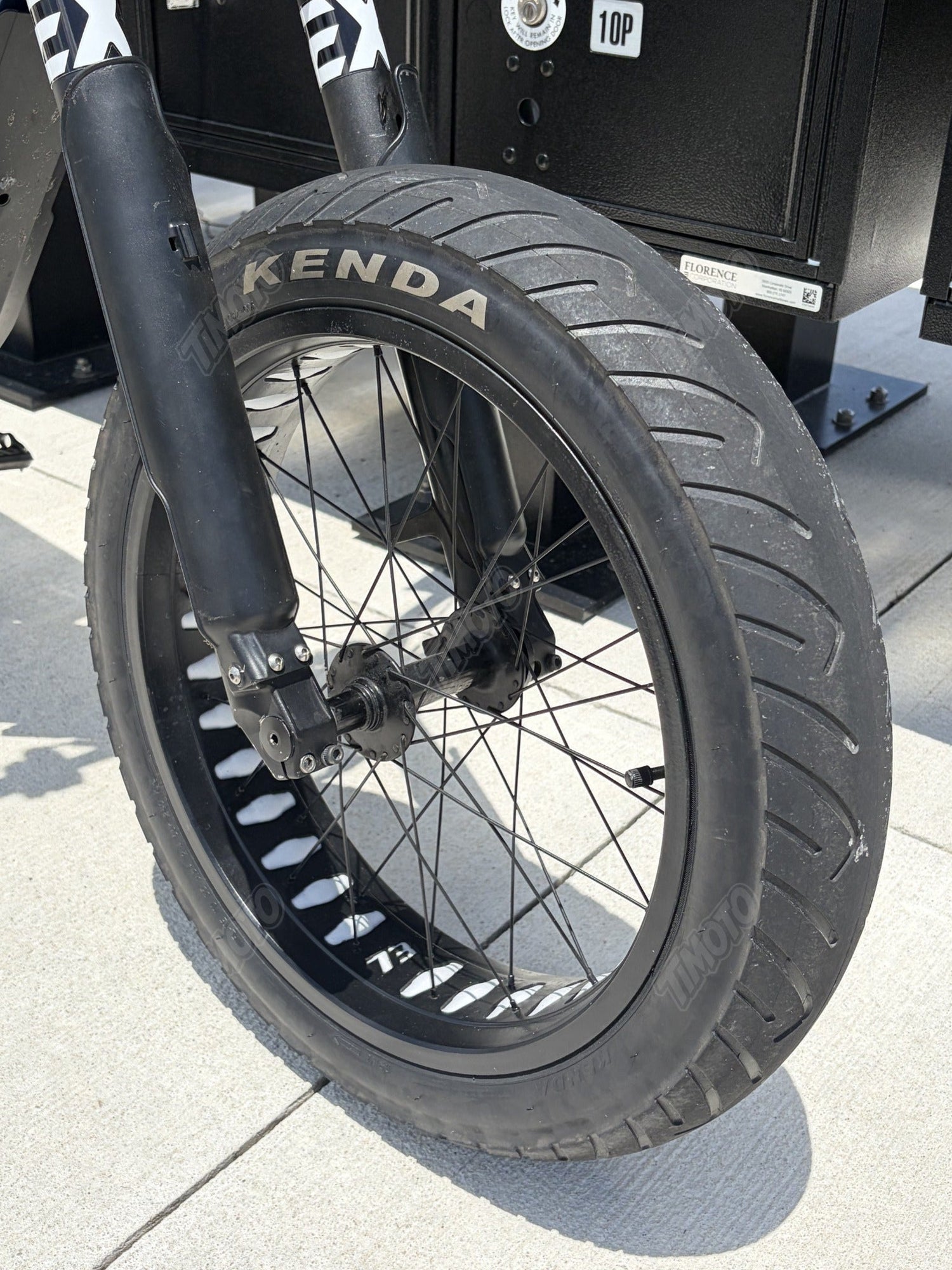 Close up of front kenda kraze supermoto tire on super73