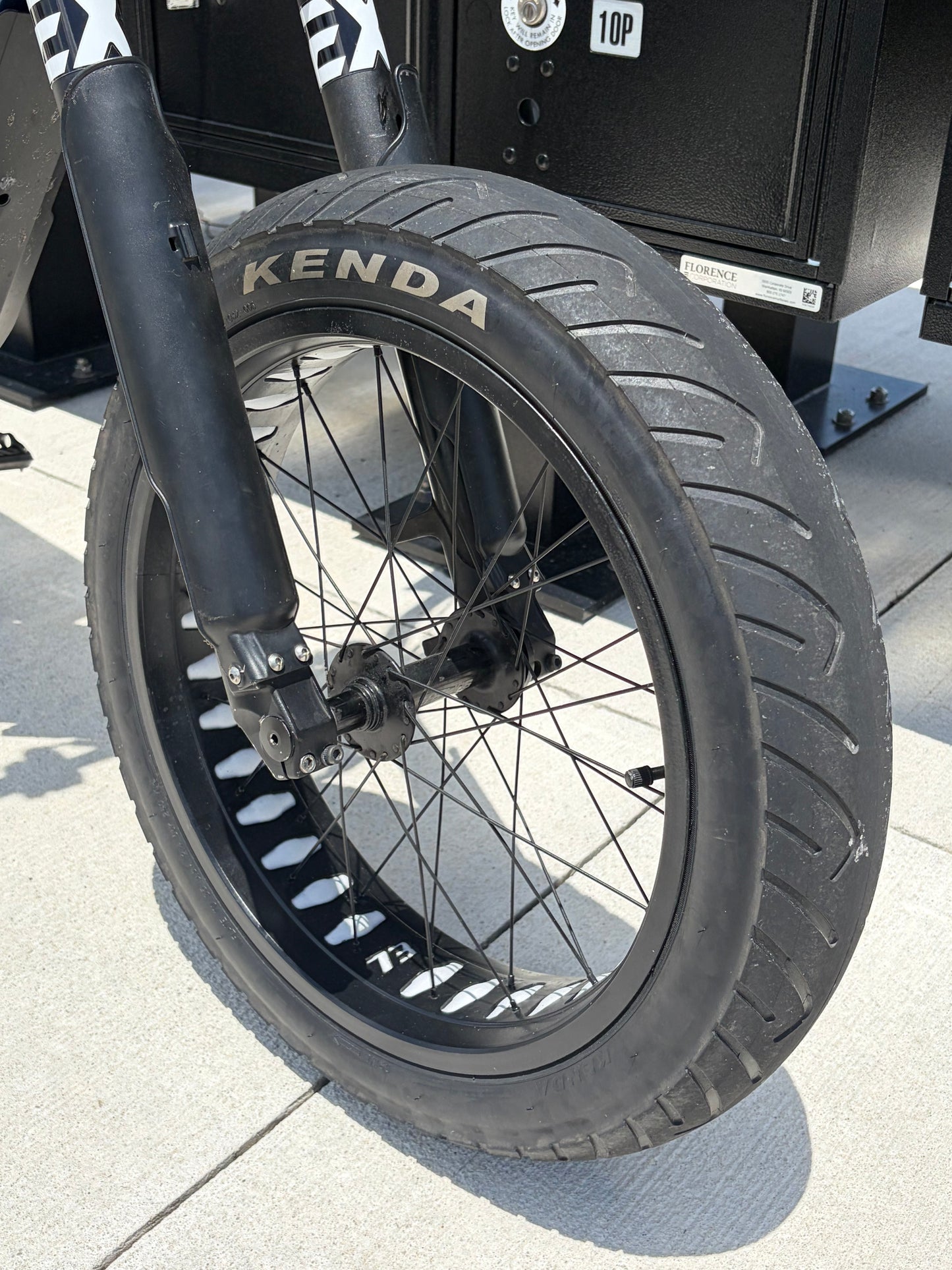 Close up of front kenda kraze supermoto tire on super73