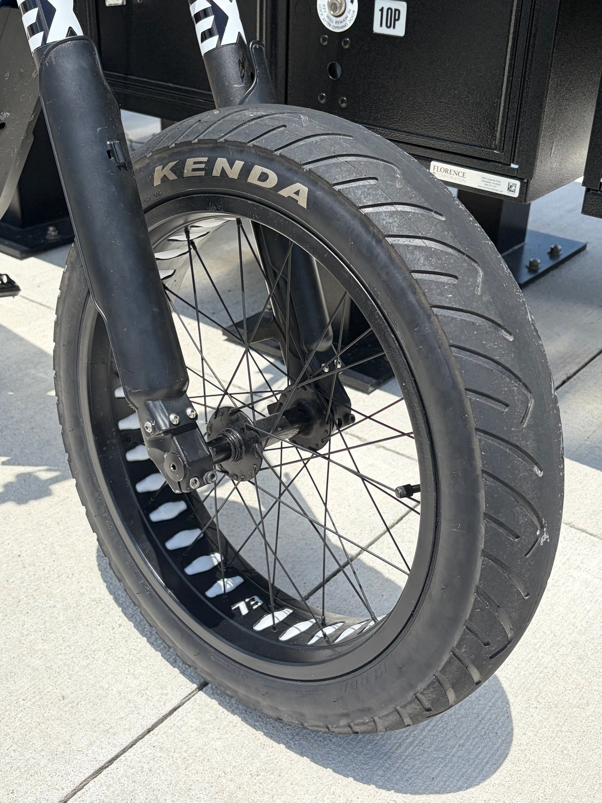 Close up of front kenda kraze supermoto tire on super73