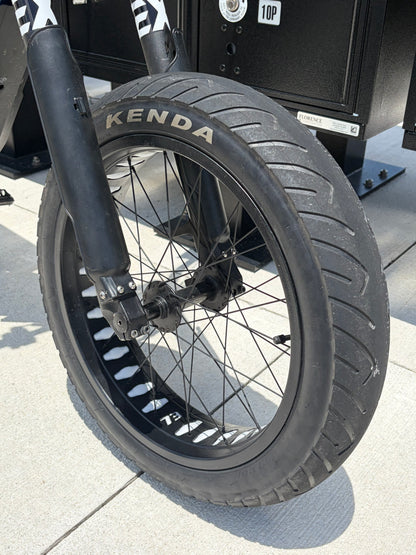 Close up of front kenda kraze supermoto tire on super73