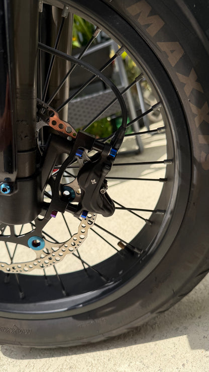 Close-up of a motorcycle wheel with disc brake 