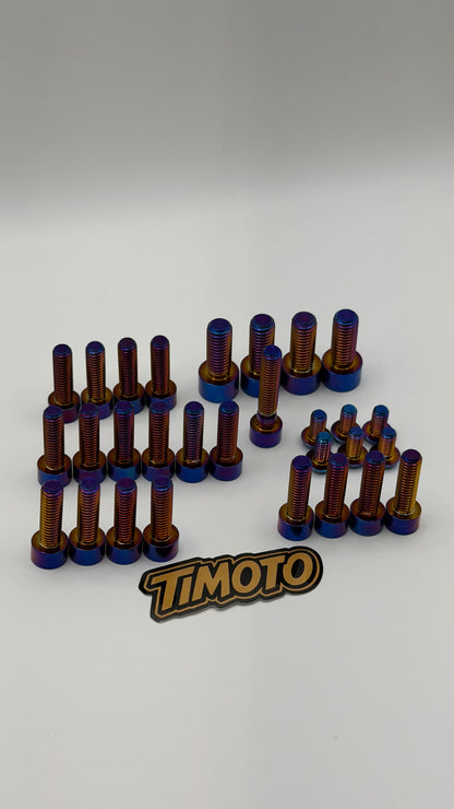 Set of metal bolts with blue and brown colors on a white background, featuring the 'Timoto' brand logo.