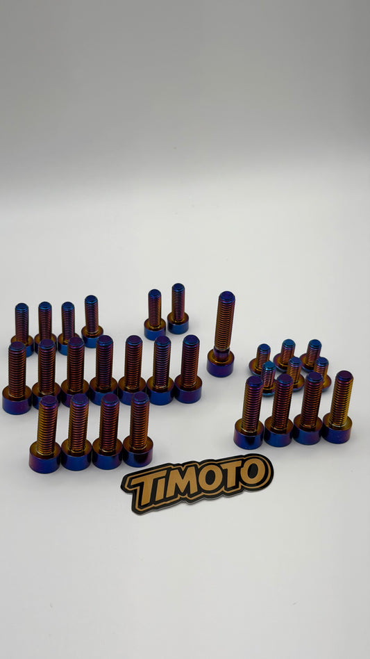 Set of metal screws with blue tips arranged on a white surface, featuring the 'TIMOTO' brand logo.